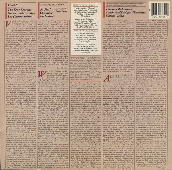Pinchas Zukerman, St. Paul Chamber Orchestra, Antonio Vivaldi – The Four Seasons - Die Vier Jahreszeiten - Les Quatre Saisons - Afbeelding 2