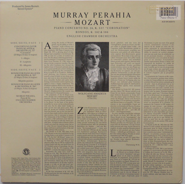 Murray Perahia, English Chamber Orchestra - Mozart – Piano Concerto No. 26, K. 537 "Coronation" / Rondos, K. 382 & 386 - Afbeelding 2